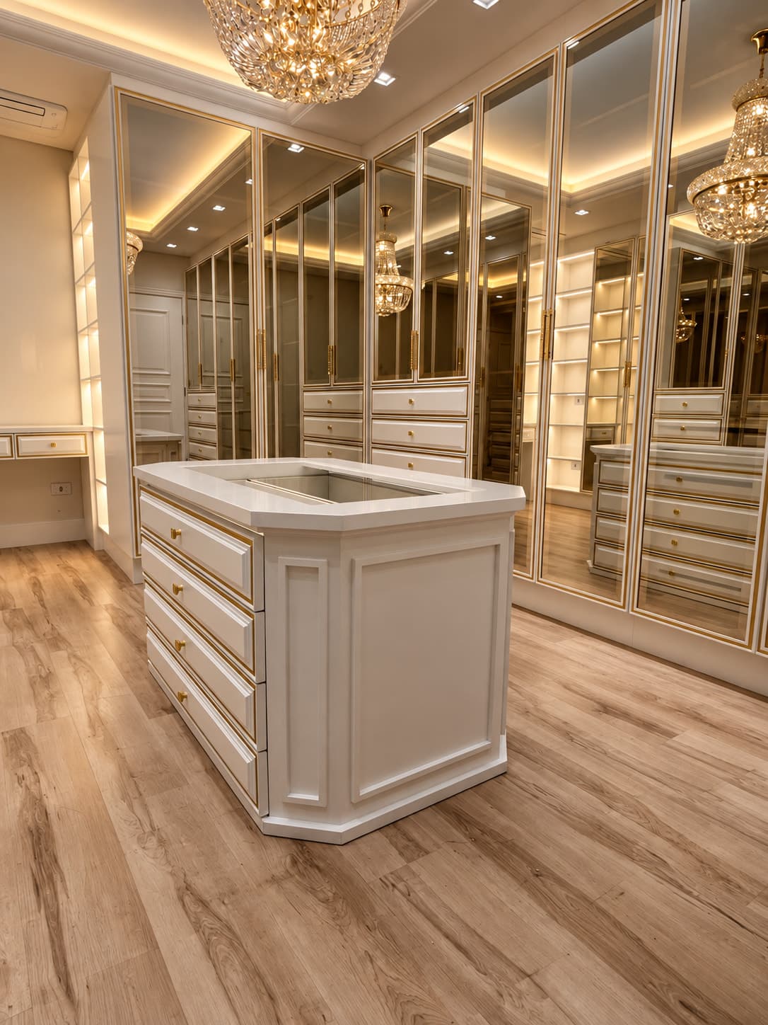 Closet com ilha de gavetas em primeiro plano e armários de vidro com iluminação interna