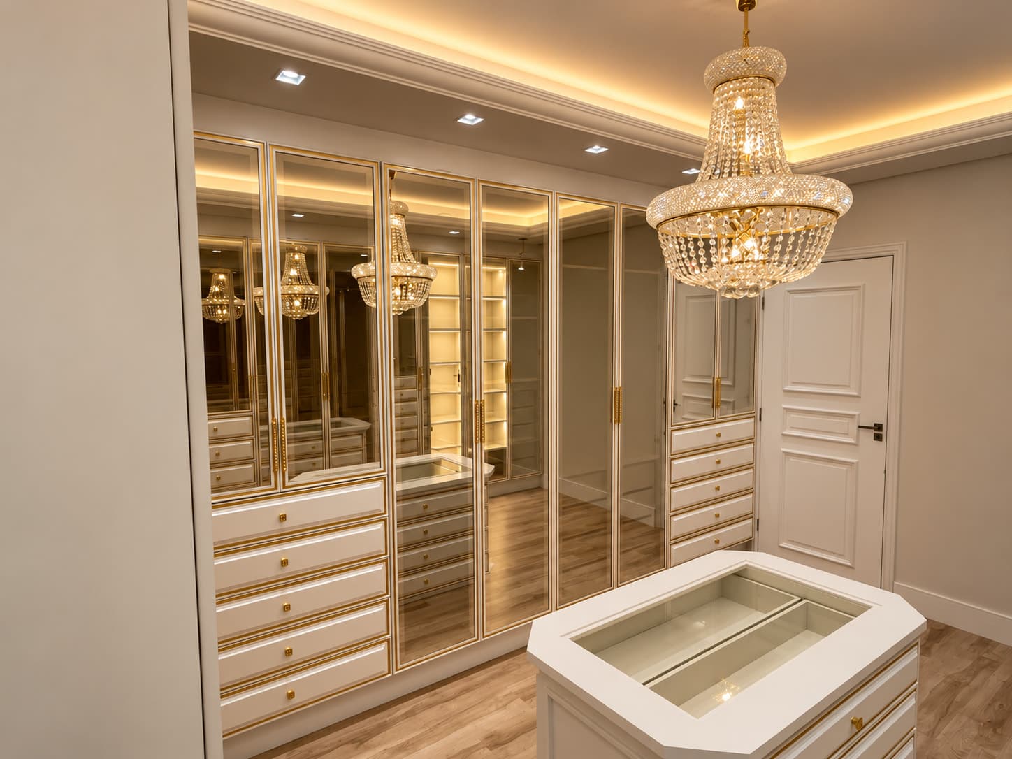 Closet com armários de portas de vidro iluminadas, ilha central de gavetas e lustre de cristal