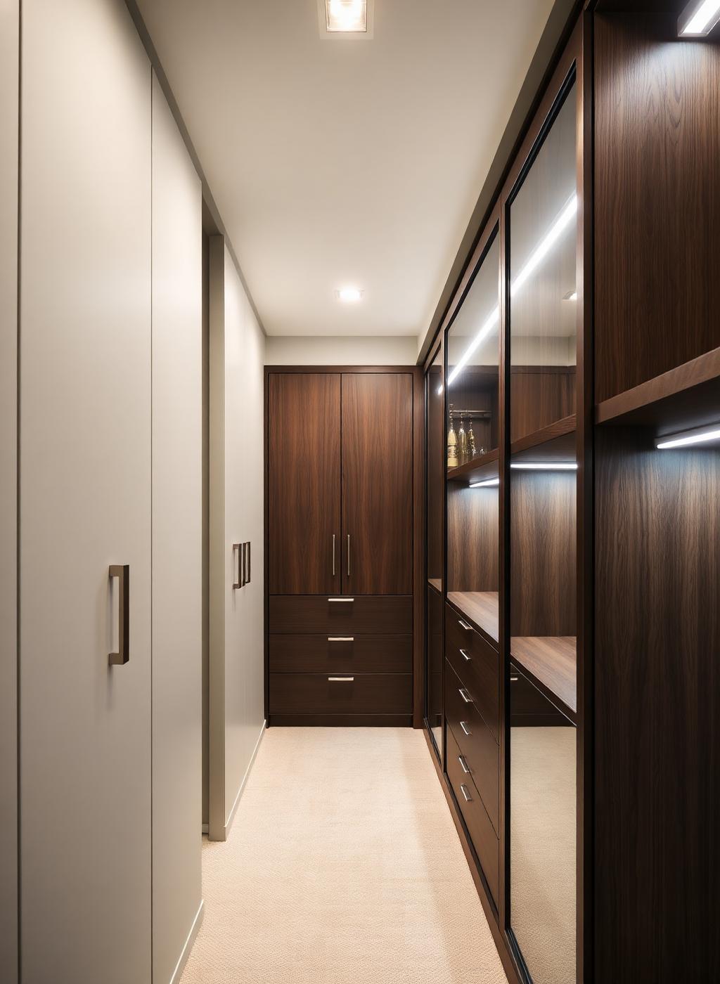 Closet planejado em nogueira escura com iluminação embutida