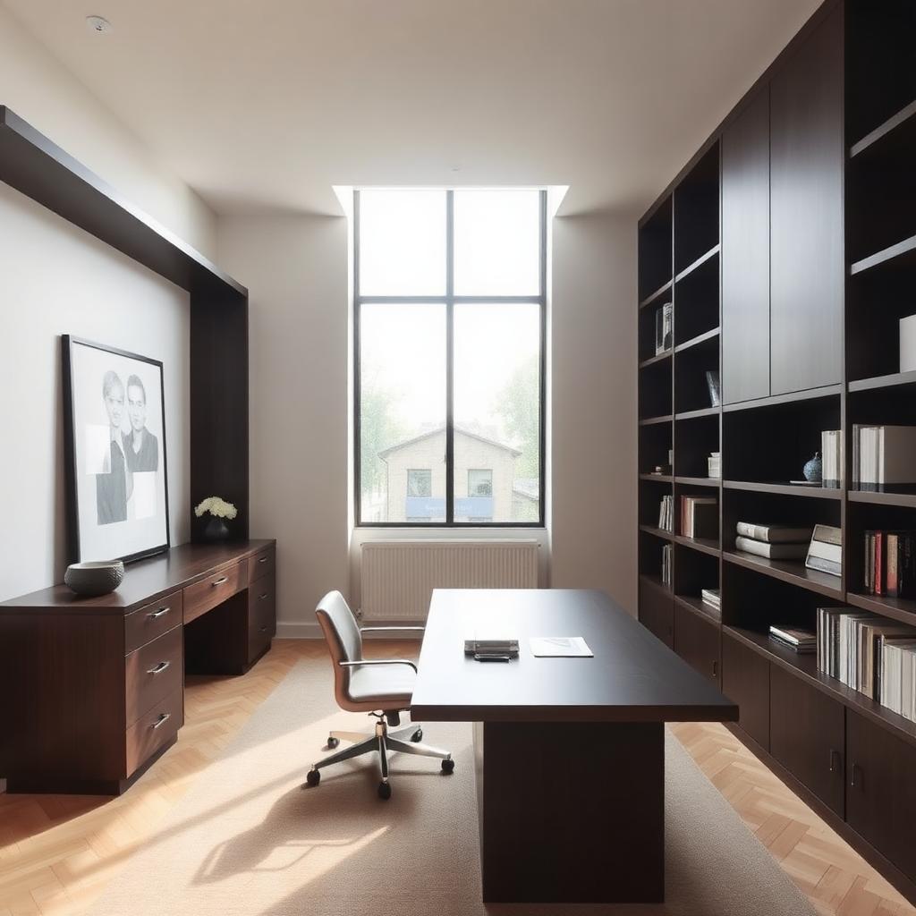 Home office com estante e mesa planejadas em madeira escura